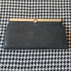 Vintage black leather clutch wallet purse with unique gold clasp